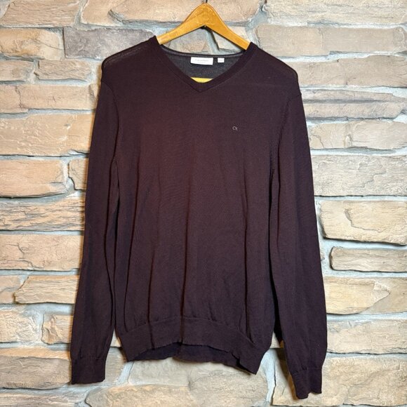 Calvin Klein Italian Merino Wool Sweater Men’s Large Maroon V-Neck Long Sleeve - Picture 1 of 8